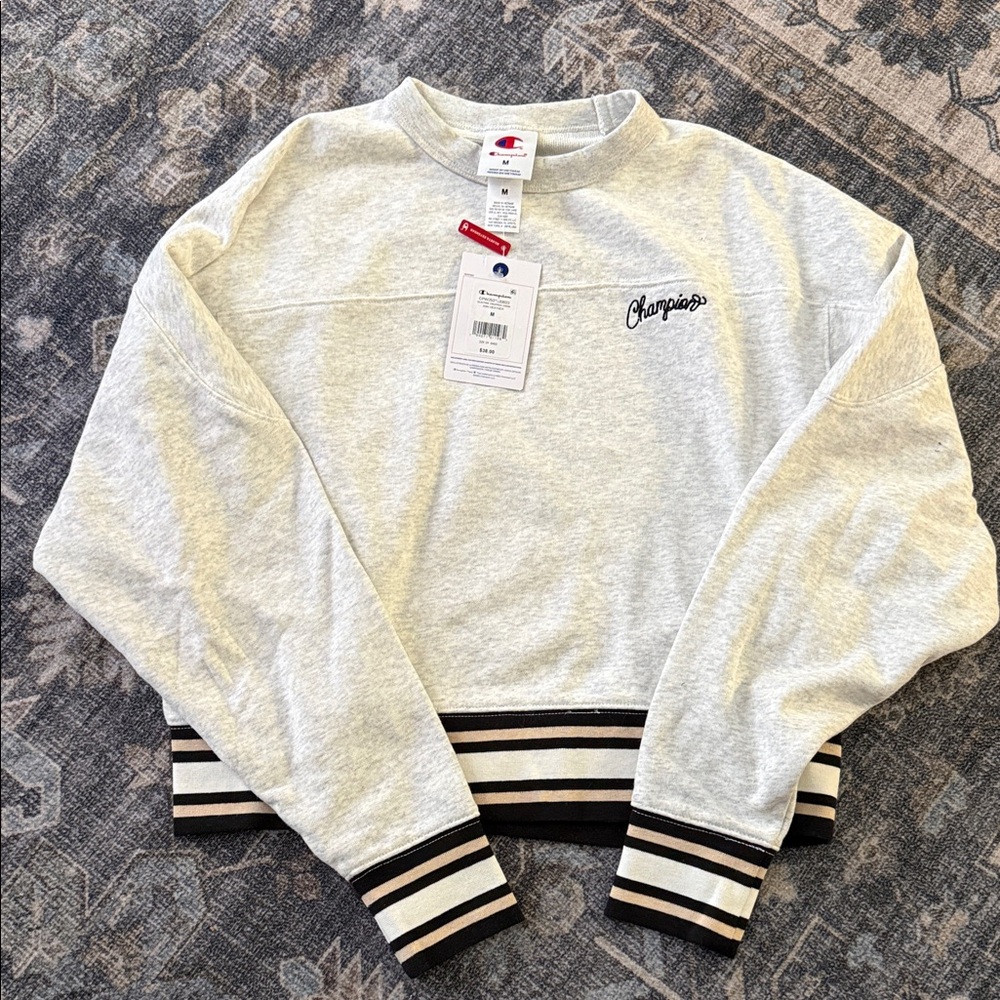 Champion Cropped Gray Crewneck with Striped Hem, Size M